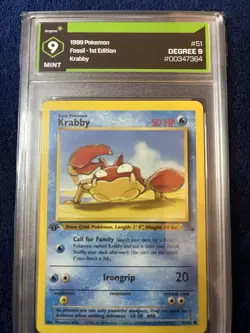 1999 Pokemon PSA Pokemon Fossil 1st Edition #51 KRABBY Degree 9 MINT - Image 1