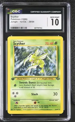 CGC 10 GEM MINT Scyther 1999 Jungle 1st Edition 26/64 Non Holo Rare Pokemon Card - Image 1