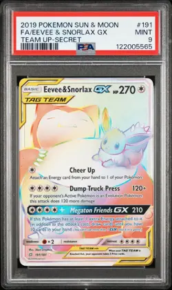 POKEMON TEAM UP EEVEE & SNORLAX GX 191 SECRET RARE RAINBOW HOLO PSA 9 MINT 💎 - Image 1