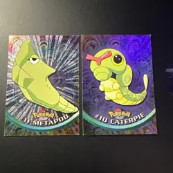 Topps Pokemon HOLO FOIL Embossed Rays metapod#11/ caterpie#10 black blue - Image 1