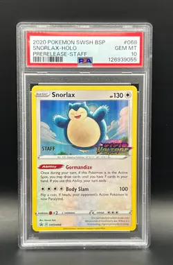 2020 POKEMON SWSH068 SNORLAX-HOLO PRERELEASE-STAFF BLACK STAR PROMO -PSA 10 - Image 1