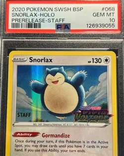 2020 POKEMON SWSH068 SNORLAX-HOLO PRERELEASE-STAFF BLACK STAR PROMO -PSA 10 - Image 3