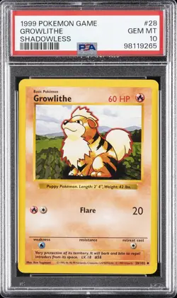 1999 POKEMON BASE SET SHADOWLESS #28 GROWLITHE PSA 10 - Image 1