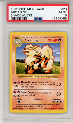 1999 POKEMON GAME ARCANINE SHADOWLESS - PSA 9 - 23/102 MINT GENUINE - Image 1