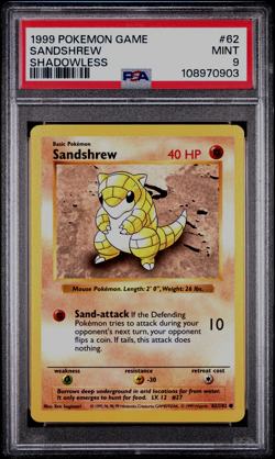 Shadowless Sandshrew 62/102 - Base Set Pokemon Card - PSA 9 MINT - Image 1