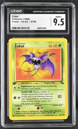 CGC 9.5 MINT+ Zubat 1999 Fossil 1st Edition 57/62 Pokemon Card - Image 1