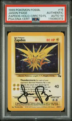 1999 POKEMON FOSSIL CORRECTED FOIL #15 ZAPDOS-HOLO PSA AUTHENTIC AUTO 10 - Image 1
