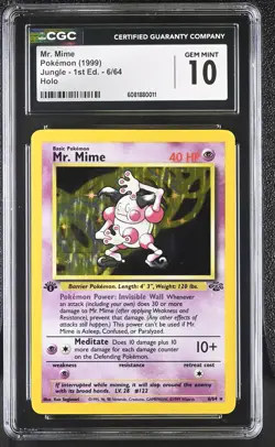 CGC 10 GEM MINT Mr. Mime 1999 Jungle 1st Edition 6/64 Holo Pokemon Card - Image 1