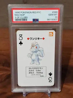 1998 Pokemon Machop Red Back Poker Playing Card 3 of Clubs - PSA 10 - Image 1