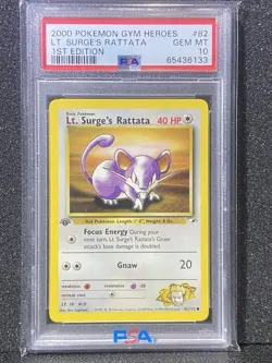 Pokemon TCG Lt. Surge's Rattata First Edition 82/132 Gem mint PSA 10 - Image 1