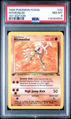 PSA 8 NM/MT 1999 POKEMON FOSSIL #22 HITMONLEE 1ST EDITION ENGLISH - Image 1