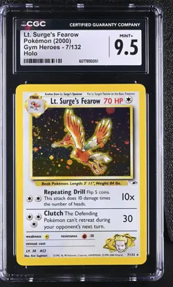 CGC 9.5 MINT+ Lt. Surge's Fearow 2000 Gym Heroes 7/132 Holo Pokemon Card - Image 1