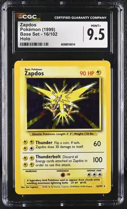 CGC 9.5 MINT+ Zapdos 1999 Base Set 16/102 Holo Pokemon Card - Image 1