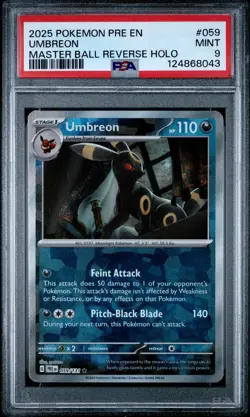 2025 Pokemon Prismatic Evolutions Umbreon Master Ball Reverse Holo PSA 9 #059 - Image 1
