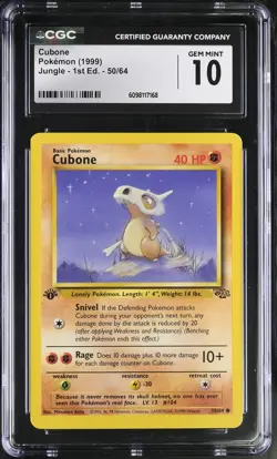 CGC 10 GEM MINT Cubone 1999 Jungle 1st Edition 50/64 Pokemon Card - Image 1