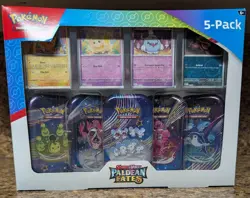 Pokemon Scarlet & Violet Paldean Fates 5 Mini Tins w/ 4 Promos Costco Bundle - Image 1