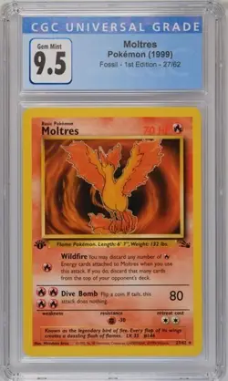 CGC 9.5 GEM MINT 10 Moltres Non-Holo 1st Edition Fossil #27/62 Pokemon 1999 - Image 1