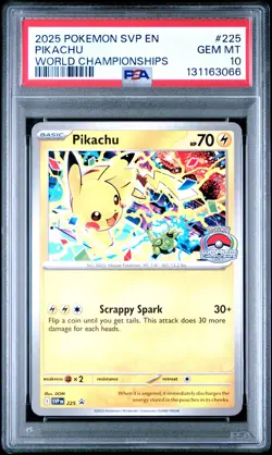 2025 POKEMON SVP EN-SV BLACK STAR PROMO WORLD CHAMPIONSHIPS #225 PIKACHU PSA 10 - Image 1