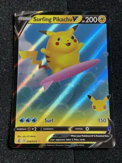 Pokemon TCG Surfing Pikachu V Celebrations 008/025 Holo Ultra Rare LP (a) - Image 1