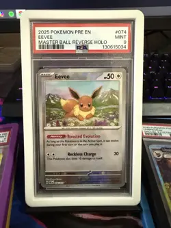 Pokemon Eevee Prismatic Evolutions Master Ball Reverse Holo #074 PSA 9 MINT - Image 1