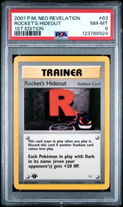 2001 POKEMON NEO REVELATION 1ST ED #63 ROCKET'S HIDEOUT PSA 8 - Image 1