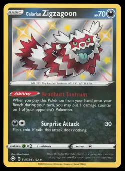 Galarian Zigzagoon SV078/SV122 Shiny Holo Rare Pokemon Shining Fates NM - Image 1