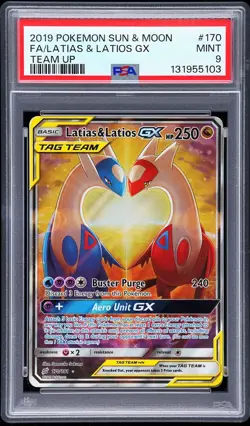 2019 POKEMON SUN & MOON TEAM UP #170 FULL ART/LATIAS & LATIOS GX PSA 9 - Image 1