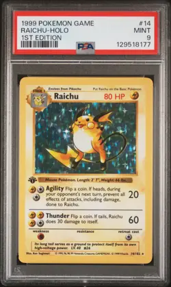 1999 POKEMON BASE SET 1ST EDITION #14 RAICHU-HOLO PSA 9 - Image 1