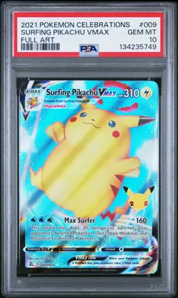 2021 POKEMON CELEBRATIONS #009 FULL ART/SURFING PIKACHU VMAX PSA 10 - Image 1