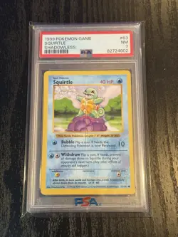 1999 POKEMON BASE SET SHADOWLESS #63 SQUIRTLE PSA 7 - Image 1