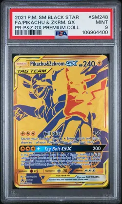 PSA 9 Pikachu & Zekrom GX SM248 Tag Team Gold Premium Promo Pokemon Card - Image 1