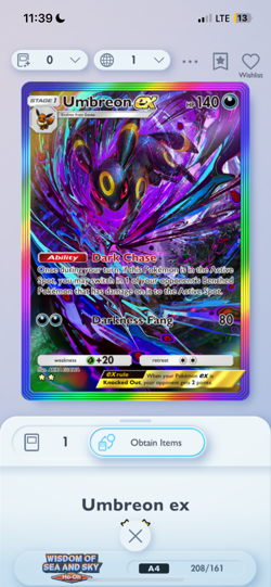 Pokemon TCG POCKET - Umbreon EX Rainbow Rare 2?, Wisdom of Sea And Sky, English - Image 1