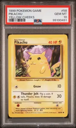 1999 Pokemon Base Set Pikachu Yellow Cheeks #58 PSA 10 - Image 1