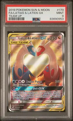 2019 POKEMON SUN & MOON TEAM UP #170 FULL ART/LATIAS & LATIOS GX PSA 9 - Image 1