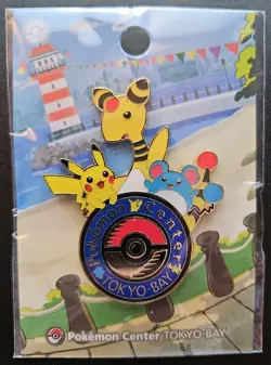 Japanese Pokemon Center Tokyo Bay Pin Badge Pikachu Ampharos Marill Brand New - Image 1