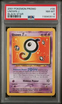 2001 POKEMON PROMO BLACK STAR #38 UNOWN J PSA 8 - Image 1