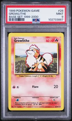 PSA 9 Growlithe 28/102 Base Set Pokemon Card WOTC 1999-2000 4th Print - Mint - Image 1