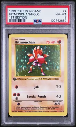 1999 POKEMON HITMONCHAN HOLO BASE SET 1ST ED SHADOWLESS #7 7/102 PSA 8 NM-MT - Image 1