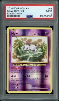 PSA 9 Mint Mew 53/108 Evolutions Reverse Holo XY 2016 Pokemon Card - Image 1