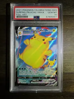 2021 POKEMON CELEBRATIONS #009 FULL ART/SURFING PIKACHU VMAX PSA 10 - Image 1