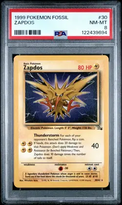 1999 POKEMON FOSSIL #30 ZAPDOS PSA 8 - Image 1
