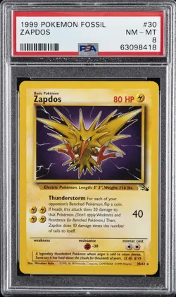 1999 POKEMON FOSSIL #30 ZAPDOS PSA 8 - Image 1