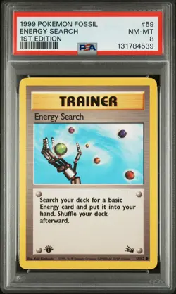 1999 POKEMON FOSSIL 1ST ED #59 ENERGY SEARCH PSA 8 - Image 1