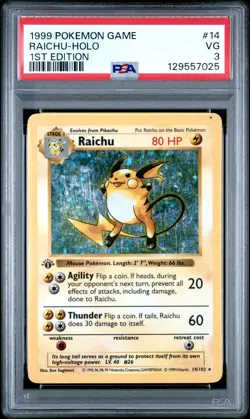 1999 POKEMON BASE SET 1ST EDITION #14 RAICHU-HOLO PSA 3 - Image 1