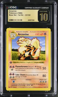 CGC 10 PRISTINE Arcanine Base Set 1st Edition Shadowless 23/102 Pokemon Card - Image 1