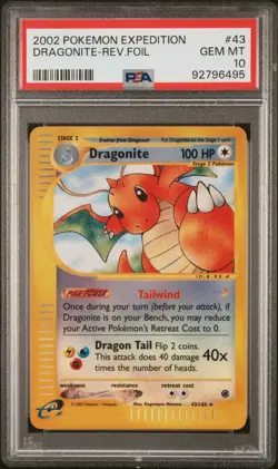 PSA 10 Reverse Holo Dragonite #43 Expedition Rare Pokemon 2002 GEM MINT LOW POP - Image 1