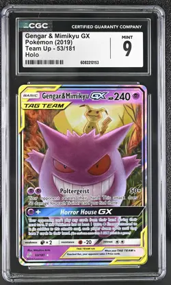 CGC 9 MINT Gengar & Mimikyu GX 2019 Team Up 53/181 Holo Pokemon Card - Image 1