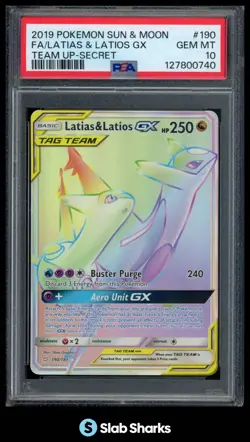 2019 POKEMON SUN & MOON TEAM UP #190/181 LATIAS & LATIOS GX TAG TEAM PSA 10 - Image 1