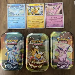 Prismatic Evolutions Set Of 8 Costco Mini Tins and Promo Cards NO PACKS - Image 3