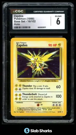 1999 POKEMON SET UNLIMITED #16/102 ZAPDOS RARE HOLO CGC 6 - Image 1